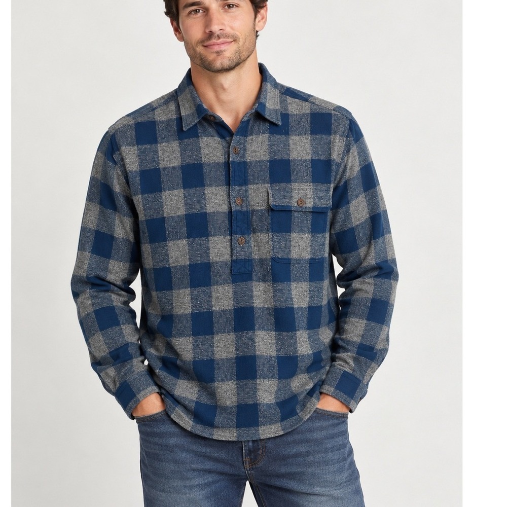 OOBE Mens Blue Gray Flannel Plaid Popover Check Buffalo Shirt Medium
